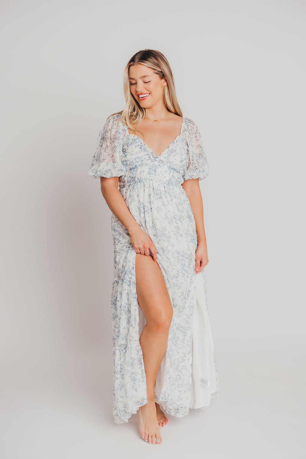 Daphne High Slit Eyelet Detail Maxi Dress in Blue and White Floral - Inclusive Sizing
