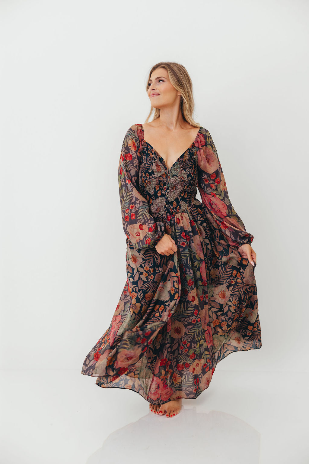 Steph Smocked Button-Front Maxi Dress in Midnight Floral