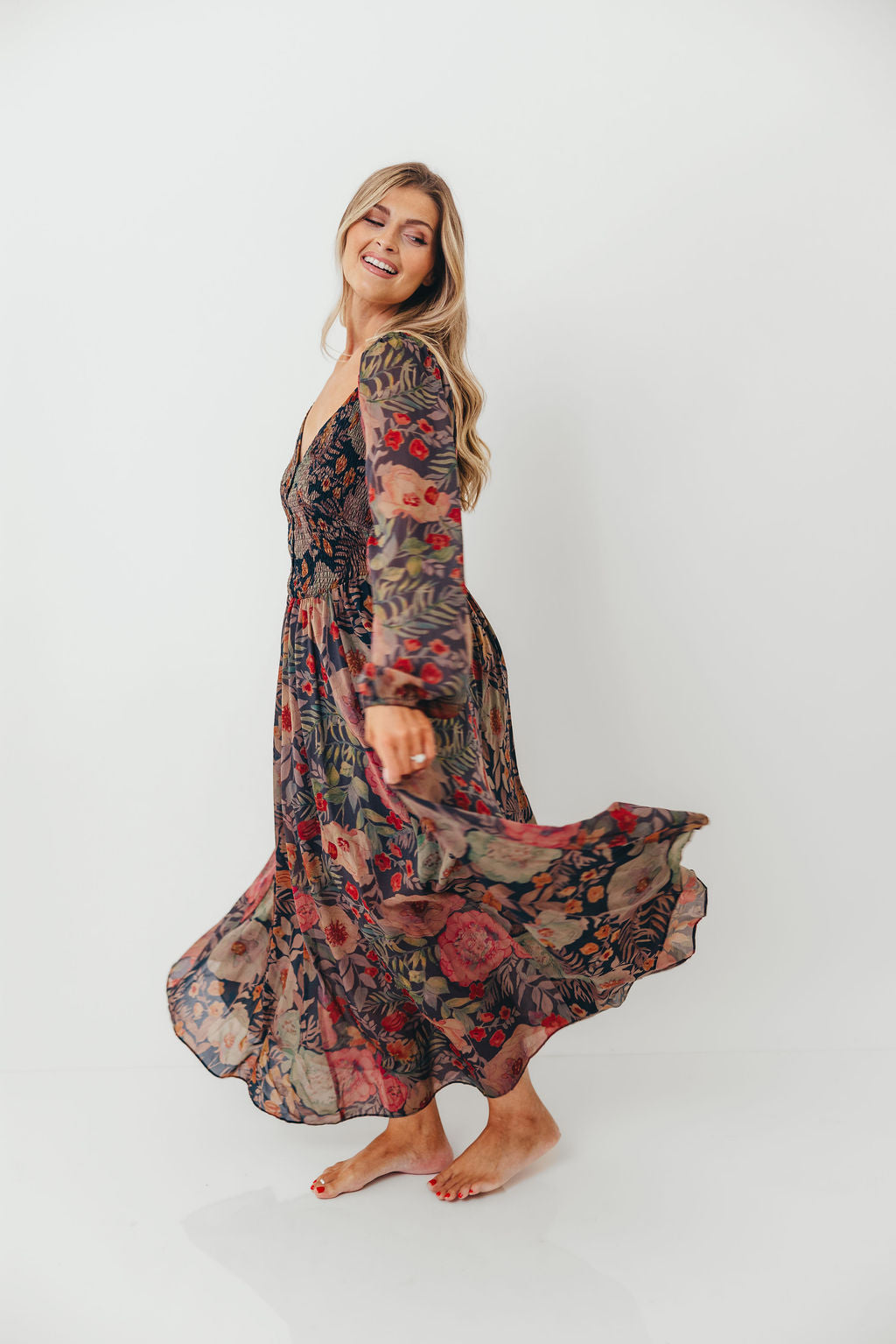 Steph Smocked Button-Front Maxi Dress in Midnight Floral