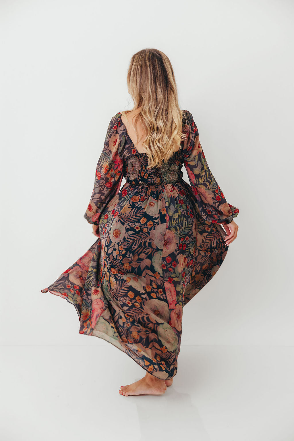 Steph Smocked Button-Front Maxi Dress in Midnight Floral