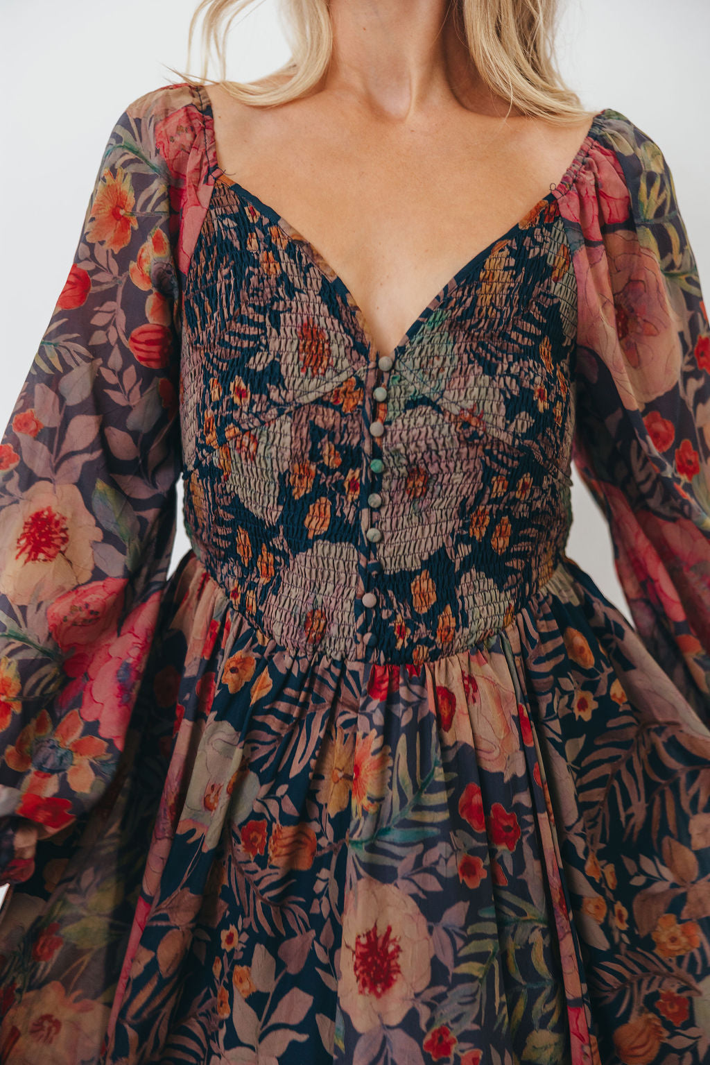 Steph Smocked Button-Front Maxi Dress in Midnight Floral