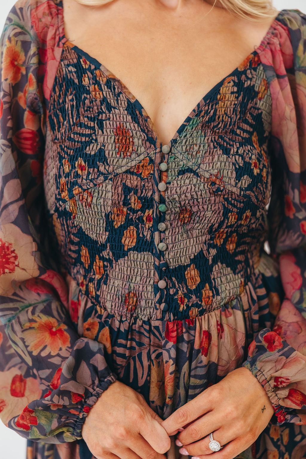 Steph Smocked Button-Front Maxi Dress in Midnight Floral